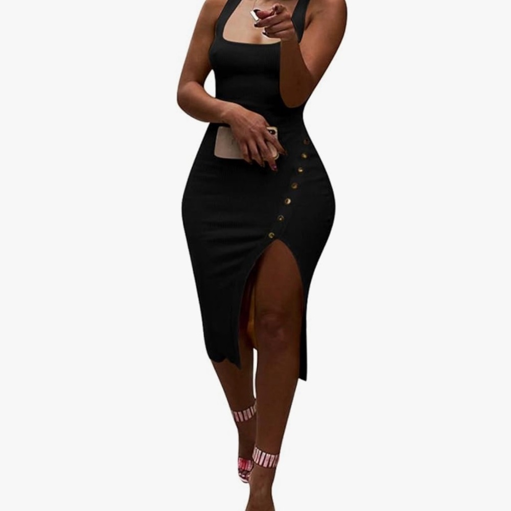 Black Sleeveless Dress with gold button details and split